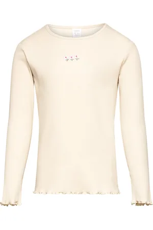 Lindex Top L S Rib Embroided Flower Tops T-shirts & Tops Long-sleeved Cream