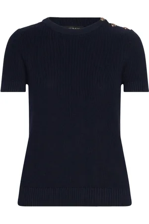 Ralph Lauren Button-Trim Cotton Short-Sleeve Sweater Tops Knitwear Jumpers Navy