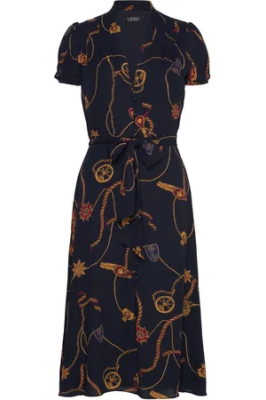 Ralph Lauren Print Belted Georgette Puff-Sleeve Dress Polvipituinen Mekko Navy