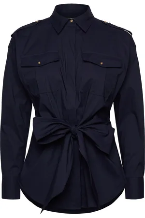 Ralph Lauren Tie-Front Cotton-Blend Shirt Tops Shirts Long-sleeved Navy