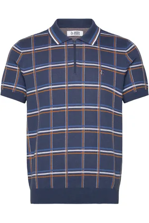 Original Penguin Cttn 1/4 Zip Plaid Tops Knitwear Short Sleeve Knitted Polos Blue