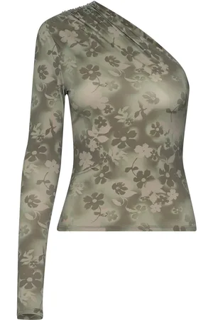 Monki Draped -Shoulder Nylon Top Tops T-shirts & Tops Long-sleeved Khaki Green