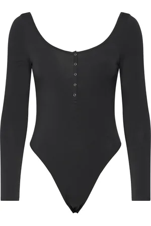 Monki Long-Sleeved Cotton Henley Bodysuit Tops T-shirts & Tops Bodies Black