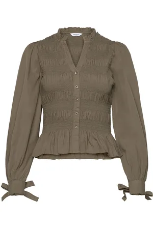 BUBBLEROOM V-Neck Cotton Smock Blouse Tops Blouses Long-sleeved Khaki Green