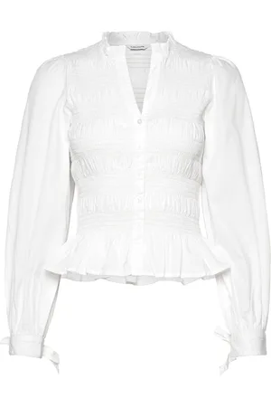 BUBBLEROOM V-Neck Cotton Smock Blouse Tops Blouses Long-sleeved White