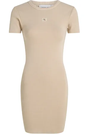 Calvin Klein Washed Woven Label Rib Dress Polvipituinen Mekko Beige