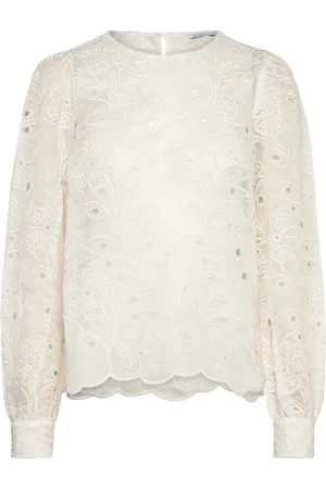 BUBBLEROOM Puff Sleeve Embroidered Blouse Tops Blouses Long-sleeved White