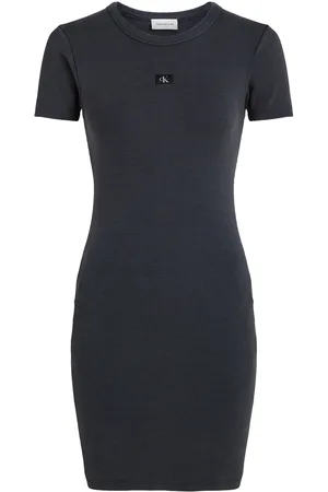 Calvin Klein Washed Woven Label Rib Dress Polvipituinen Mekko Black