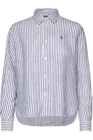 Ralph Lauren Wide Cropped Gingham Linen Shirt Tops Shirts Long-sleeved Blue