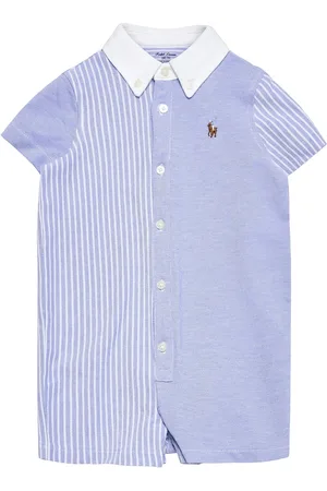 Ralph Lauren Knit Cotton Oxford Fun Shortall Bodysuits Short-sleeved Blue