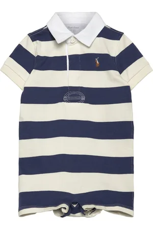 Ralph Lauren Striped Cotton Rugby Shortall Bodysuits Short-sleeved Navy