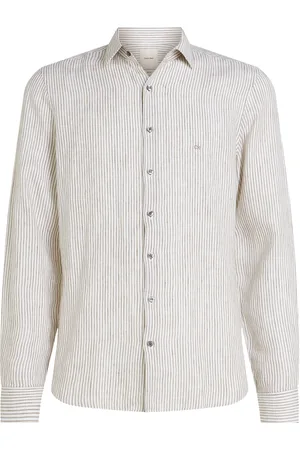 Calvin Klein Linen Stripe Slim Shirt Tops Shirts Casual Cream