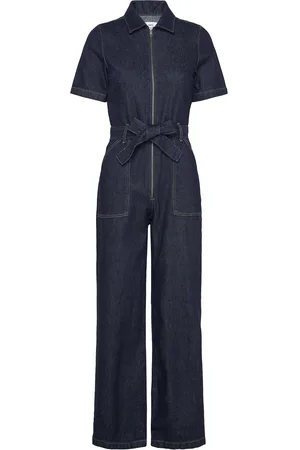 MANGO Short-Sleeved Denim Jumpsuit Bottoms Jumpsuits Blue