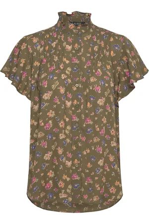 Ralph Lauren Floral Georgette Flutter-Sleeve Shirt Tops Blouses Short-sleeved Green