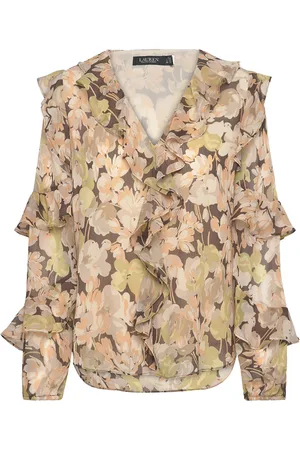 Ralph Lauren Floral Ruffle-Trim Georgette Blouse Tops Blouses Long-sleeved Green