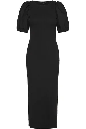 French Connection Sasia Rib Puff Slv Midi Dress Polvipituinen Mekko Black