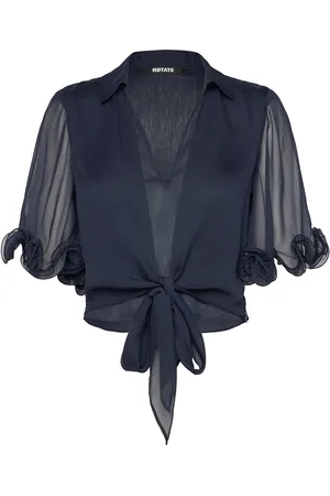 ROTATE Chiffon Tied Top Designers T-shirts & Tops Short-sleeved Navy