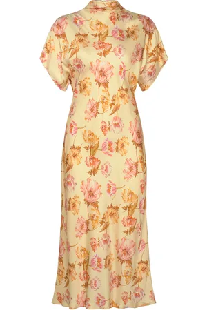 By Malina Alivia Short Sleeve Satin Midi Dress Polvipituinen Mekko Yellow