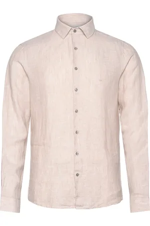 Calvin Klein Linen Solid Slim Shirt Tops Shirts Casual Beige