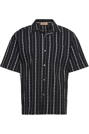 Rue de Tokyo Seth Patterned Seersucker Stripe Tops Shirts Short-sleeved Shirts Black