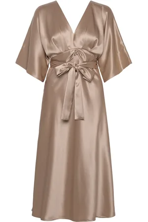By Malina Juno V-Neck Satin Midi Dress Designers Knee-length & Midi Beige