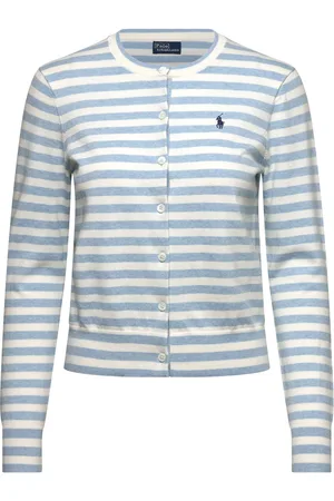 Ralph Lauren Striped Cotton-Blend Crewneck Cardigan Tops Knitwear Cardigans Blue