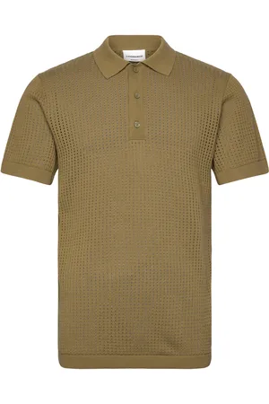Lindbergh Crochet Knitted S/S V-Neck Polo Tops Polos Short-sleeved Khaki Green