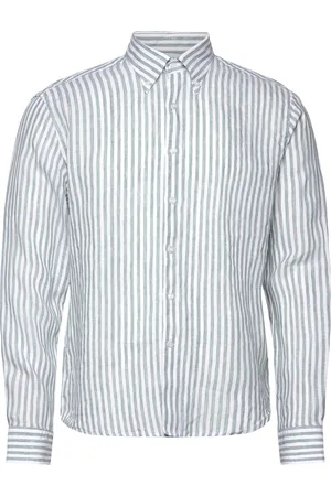 Oscar Jacobson Reg Fit Bd Striped Linen Shirt Designers Shirts Casual Shirts Green