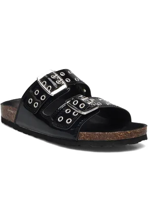 Bianco Biamiami Two Buckle Slide Patent Leather Shoes Sandals Flat Sandals Black