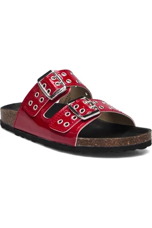 Bianco Biamiami Two Buckle Slide Patent Leather Shoes Sandals Flat Sandals Red