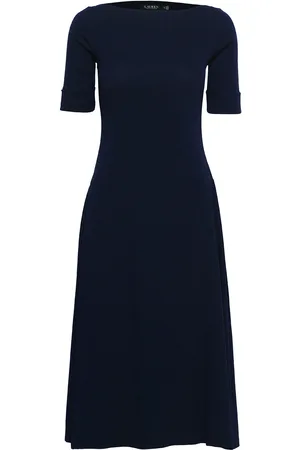 Ralph Lauren Stretch Cotton Midi Dress Polvipituinen Mekko Navy