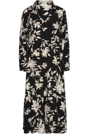 Tamaris Auburn Aop Long Trapes Collar Dress Polvipituinen Mekko Black