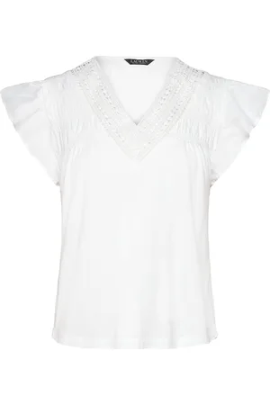 Ralph Lauren Lace-Trim Jersey Flutter-Sleeve Tee Tops Blouses Short-sleeved White