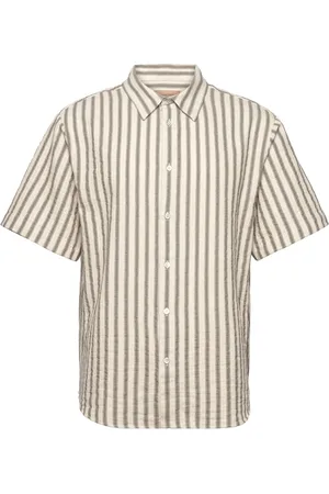 Rue de Tokyo Silvio Cotton Linen Stripe Tops Shirts Short-sleeved Shirts Khaki Green