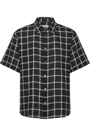 Rue de Tokyo Silvio Cotton Check Tops Shirts Short-sleeved Shirts Black