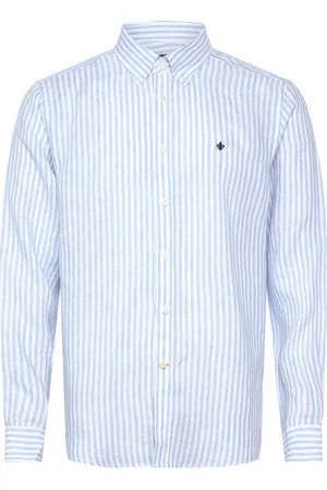 Morris Douglas Linen Stripe Shirt-Classic Fit Tops Shirts Linen Shirts Blue