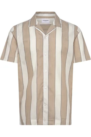 Lindbergh Striped Linen/Cotton Shirt S/S Tops Shirts Short-sleeved Beige