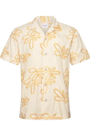 Lindbergh Embroidered Cotton Shirt S/S Tops Shirts Short-sleeved Shirts White