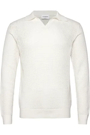 Lindbergh Crochet Knit L/S V-Neck Polo Tops Knitwear Long Sleeve Knitted Polos White