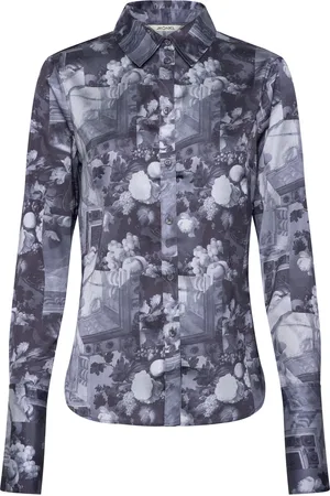 Monki Slim Fit Printed Button-Up Shirt Tops Shirts Long-sleeved Grey