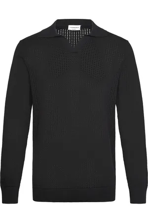 Lindbergh Crochet Knit L/S V-Neck Polo Tops Knitwear Long Sleeve Knitted Polos Black