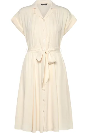 Ralph Lauren Belted Crepe Pintucked Shirtdress Lyhyt Mekko Cream
