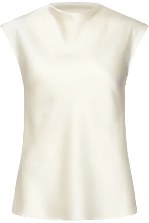 MANGO Satin Blouse With Draped Neck Tops Blouses Short-sleeved White