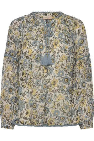 Freequent Blouse From Freequent In A Fine Cotton Crepe With A Floral Print. The Blouse Has Tops Blouses Long-sleeved Blue