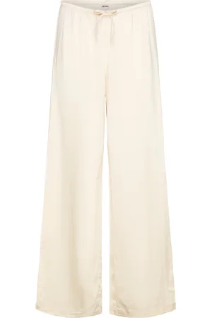 Monki Low-Rise Relaxed Pull-On Satin Trousers Bottoms Trousers Straight Leg Cream