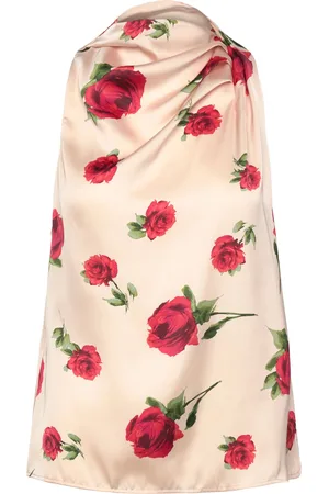 MANGO Floral Satin Blouse Tops Blouses Sleeveless Beige
