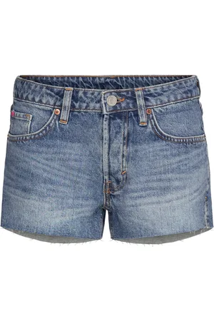 Monki Low Rise Raw Hem Mini Denim Shorts Bottoms Shorts Denim Shorts Blue