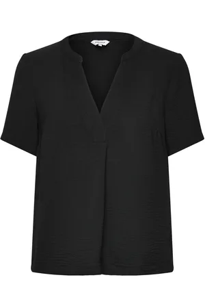 BUBBLEROOM V-Neck Blouse Tops Blouses Short-sleeved Black
