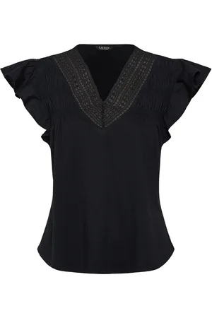 Ralph Lauren Lace-Trim Jersey Flutter-Sleeve Tee Tops Blouses Short-sleeved Black