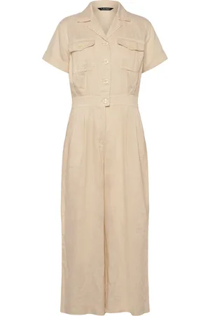 Ralph Lauren Embroidered Linen Short-Sleeve Jumpsuit Bottoms Jumpsuits Cream